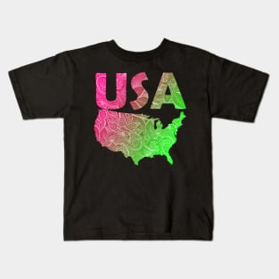 Colorful mandala art map of the United States of America with text in pink and green Kids T-Shirt